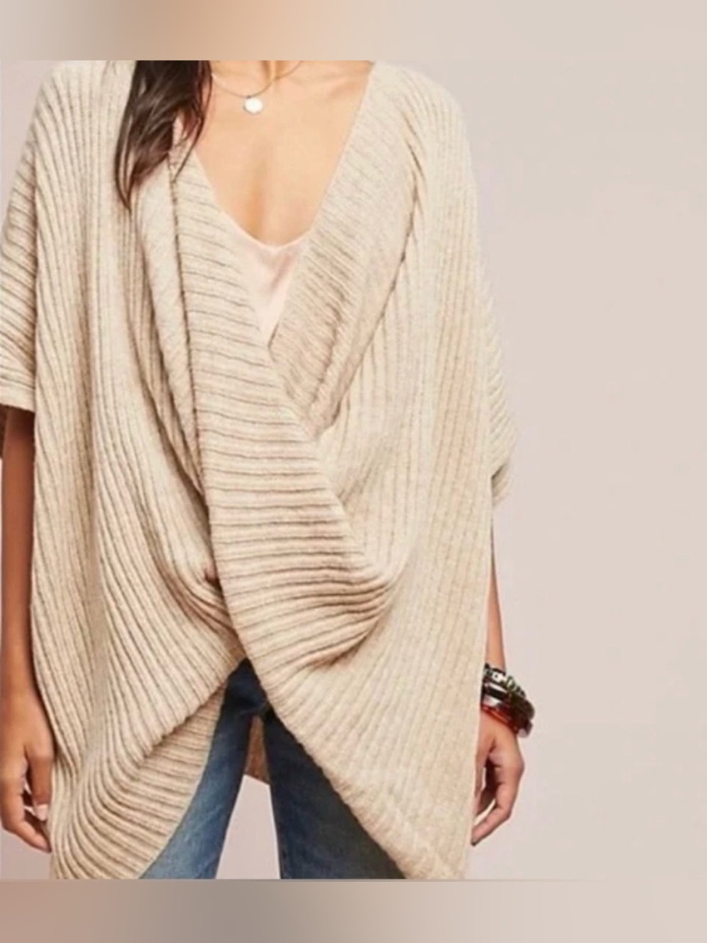 Anthropologie Twisted Ribbed Poncho Beige One Size